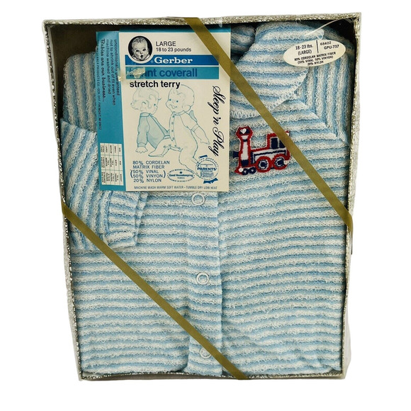 Vintage Gerber Infant Coverall L 18-23 lbs Blue White Stripe Train Stretch Terry - Picture 1 of 6